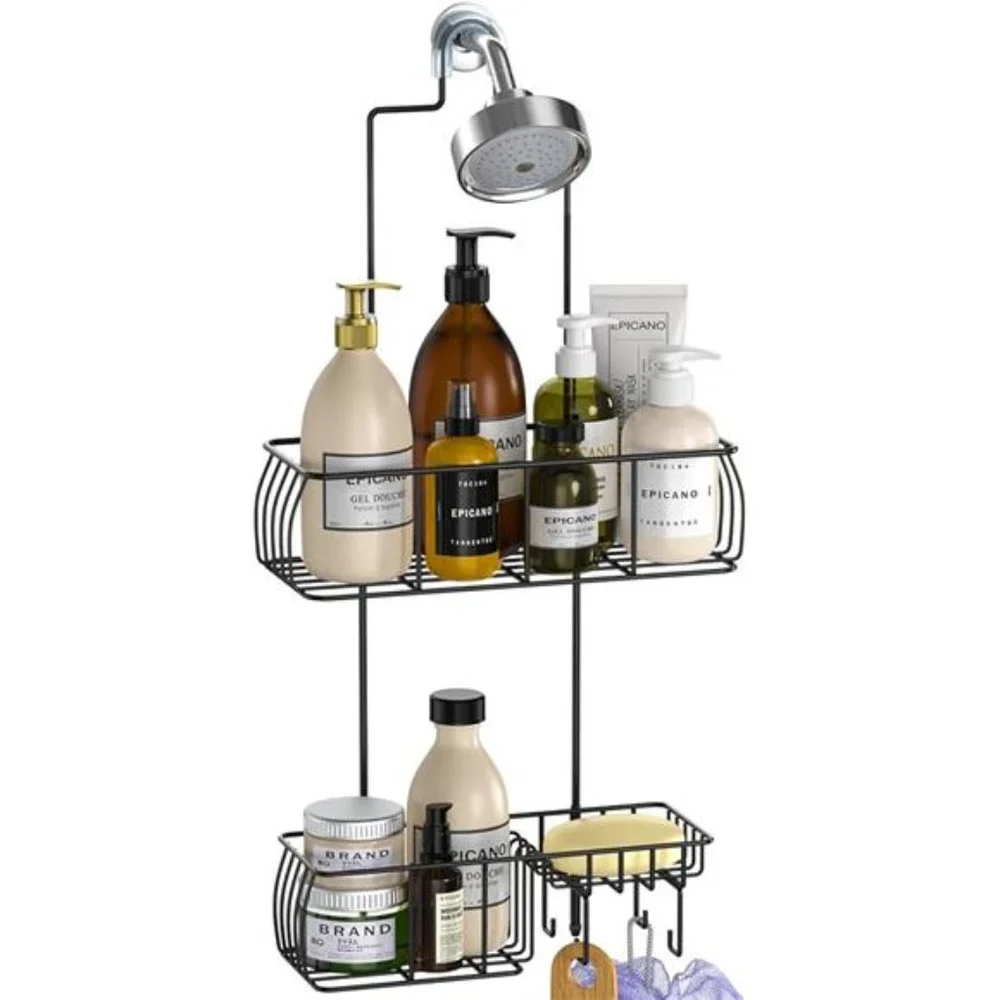 Shower Caddy Hanging, Anti-Swing Over Head Shower Caddy Rustproof with hooks